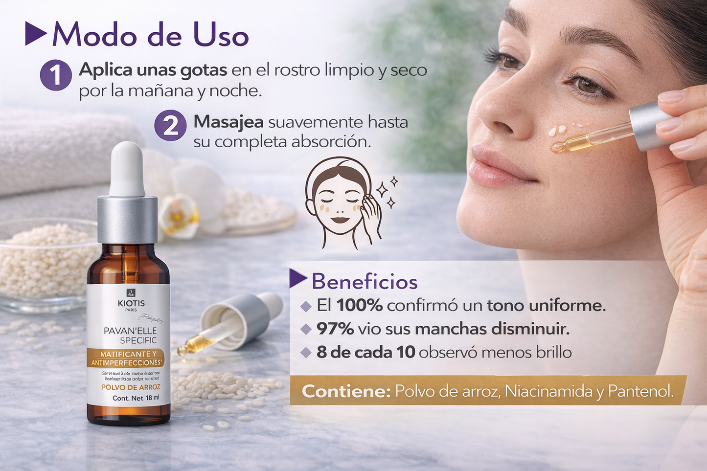 Pavan’Elle Specific Suero Facial Polvo de Arroz 18 ML | Antiimperfecciones y tono uniforme