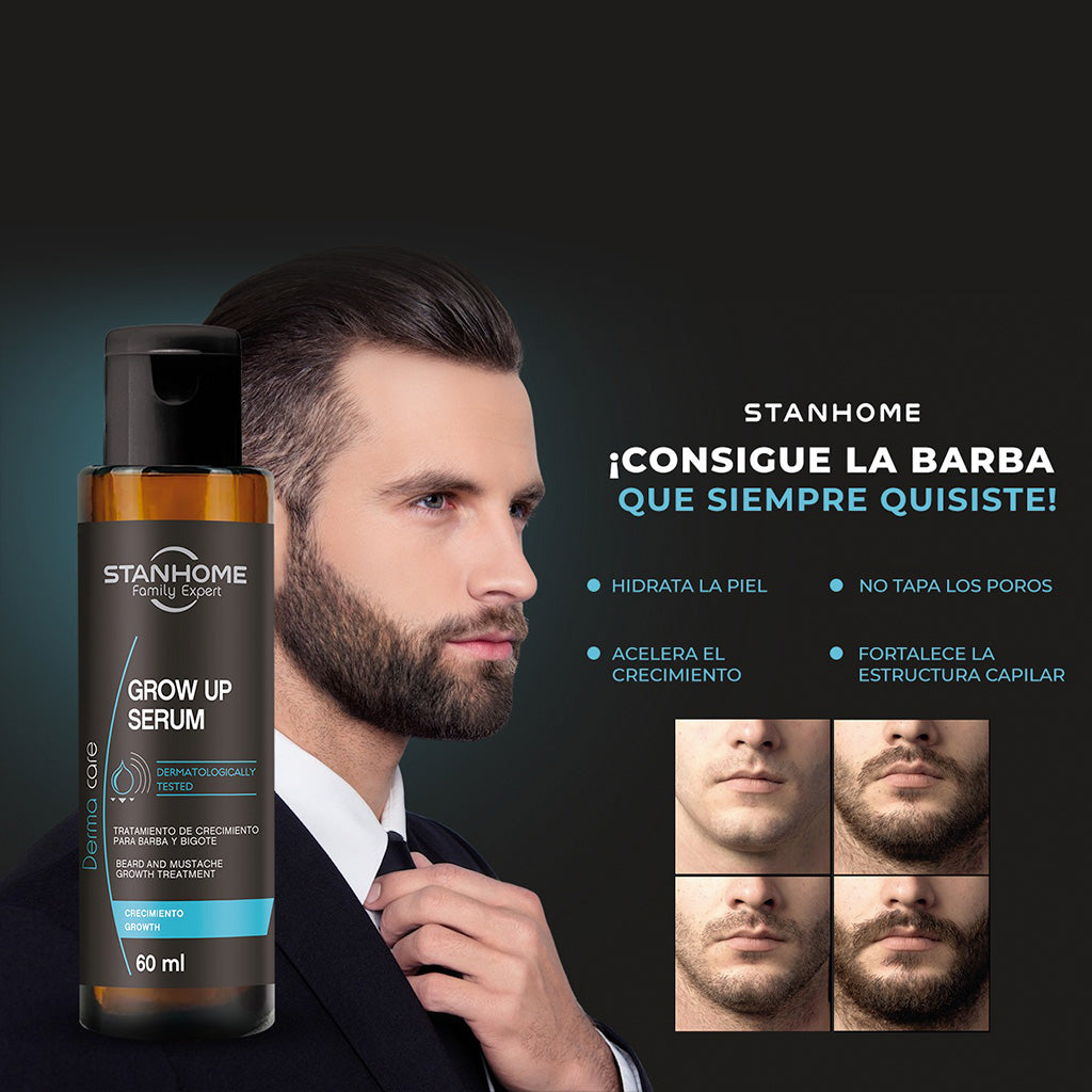 hOMBRE USANDO Grow Up Serum 60 ML | Tratamiento de crecimiento para barba y bigote